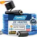 Camco 25-Ft Heated Water Hose for RV - Water Line Freeze Protection Down to -20F/-28C - Features Energy-Saving Thermostat & Includes Adapter for Connection to Either End of Hose (22911)
