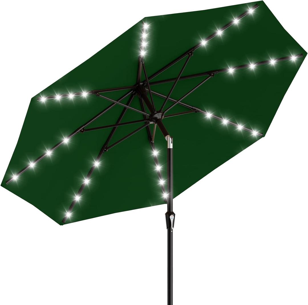AreShark 9FT Patio Umbrella with Solar Lights, 32 Lighted Pool Umbrella w/Tilt and Crank, Outdoor Market Solar Umbrellas for Garden, Deck, Backyard, Pool and Beach, Dark Green