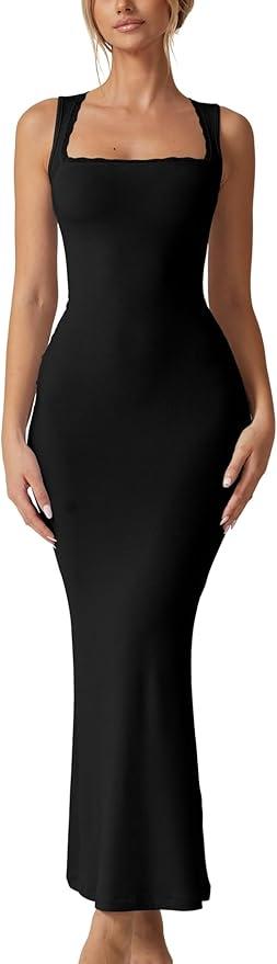QINSEN Women's Square Neck with Lace Detail Long Maxi Dress Sleeveless Lounge Ribbed Full Length Dresses, XL