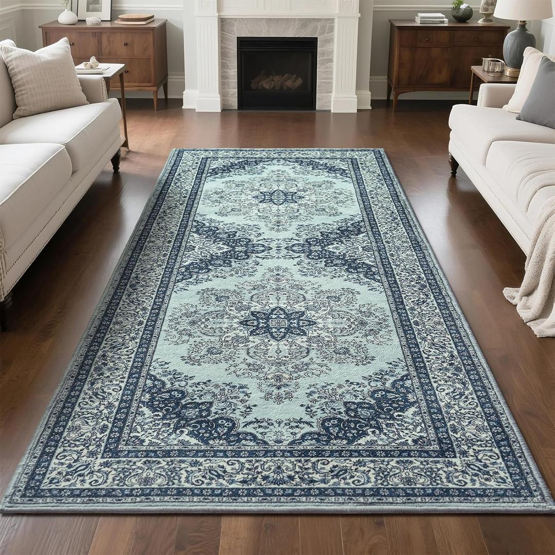 Runner Rug for Bedroom, 2x6 Non-Slip Vintage Area Rug, Machine Washable Boho Small Rugs for Entryway Hallway Office Dining Living Room, Blue