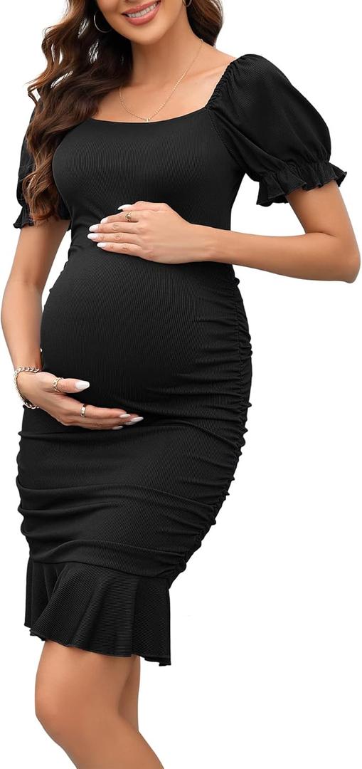 BeautyNee Women's Short Puff Sleeve Maternity Dress Summer Square Neck Ruffle Hem Smocked Bodycon Dress for Baby Shower (Black) L