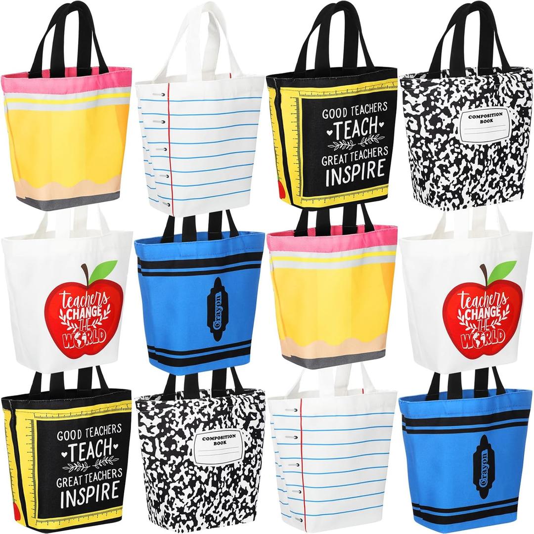 12 Pcs 9" x 8" x 4" Teacher Mini Canvas Tote Bag Bulk Small Teacher Appreciation Gifts Mini Reusable Gift Bag for Women Graduation Office (Pencil)