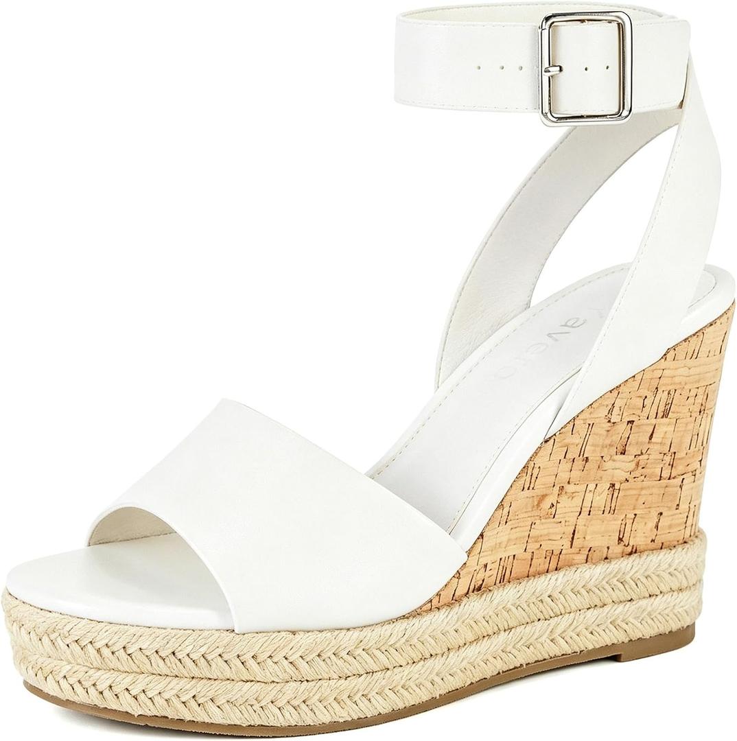 Yavero Women's Espadrille Wedge Sandals Ankle Strap Dressy Sandals | Open Toe,Cork,Platform Sandals,Summer Sandals Ideal for Vacations,Parties and Summer Outings (White), 9
