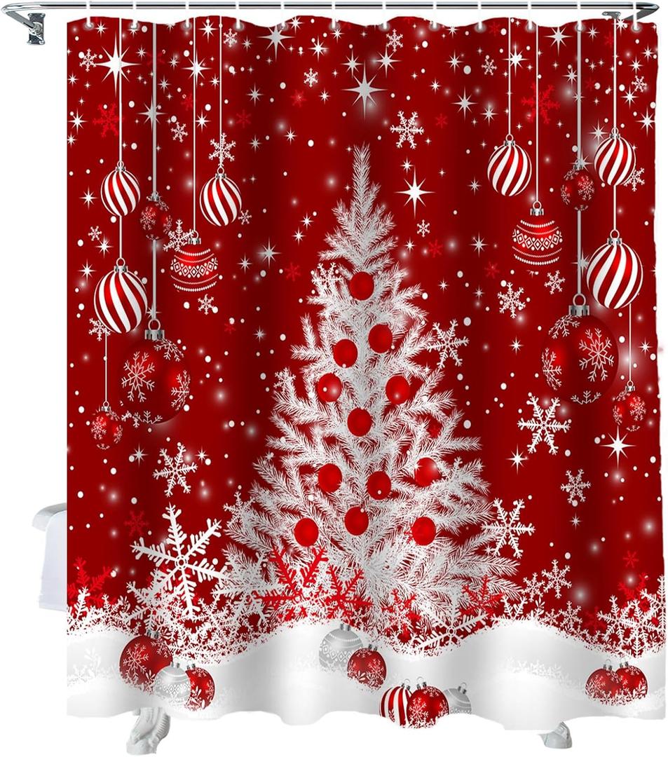 Vandarllin Red Christmas Shower Curtain, White Xmas Tree Snowflakes Red Balls Shower Curtains Set with Hooks, Winter Waterproof Fabric Bathroom Curtains Decor Home Accessories, 72 X 72 Inch Long