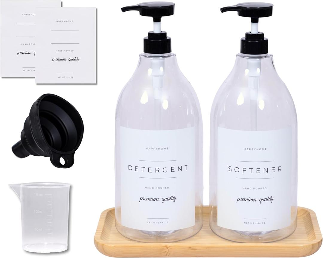 Laundry Detergent Dispenser - Fabric Softener Liquid Dispenser for Laundry Room - 64oz Plastic Soap Dispenser, Waterproof Labels, Collapsible Funnel, Extra Labels, Measuring Cup & Bamboo Tray - Set of 2