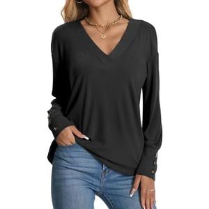 Women's 2025 V Neck Buttons Down Long Sleeve T Shirts Casual Loose Tops Fall Fashion Basic Blouses Small