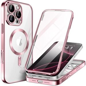 BERFY for iPhone 16 Pro Case, Compatible with MagSafe, Built-in 9H Tempered Screen Protector and Camera Protection, Full Body Shockproof Plating Phone Case for 16 Pro 6.3", Titanium Pink