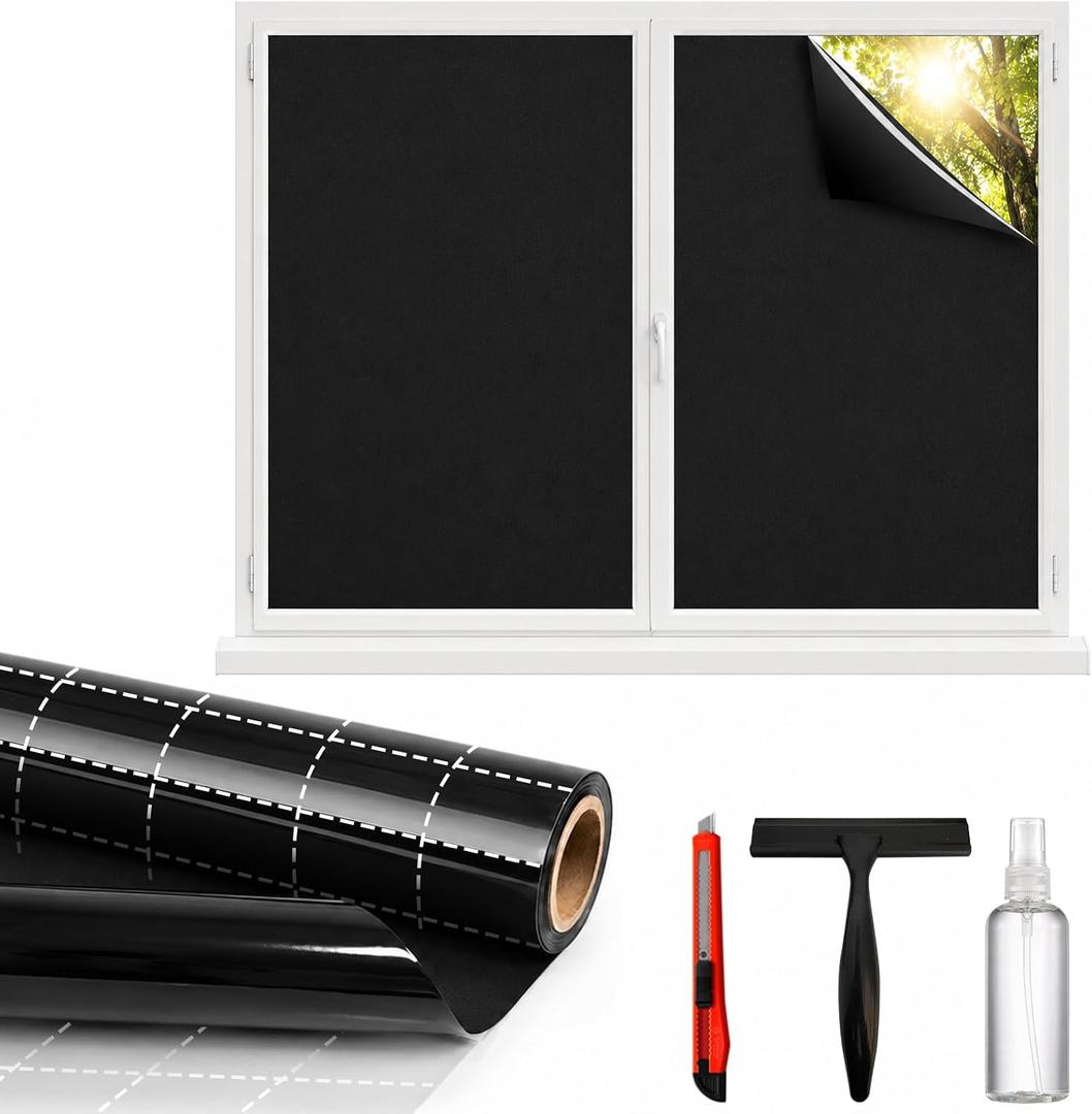 Blackout Window Privacy Film, Removable Window Cover Static Cling, Darkening Light Heat Blocking, Window Tint for Home Garage Bedroom Day Sleep, Black 23.6 Inch * 78.74 Inch