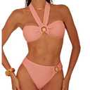 SOLY HUX Women's Halter Bikini Set Ring Linked Bathing Suit Summer Beach Two Piece Swimsuit Pure Pink Large