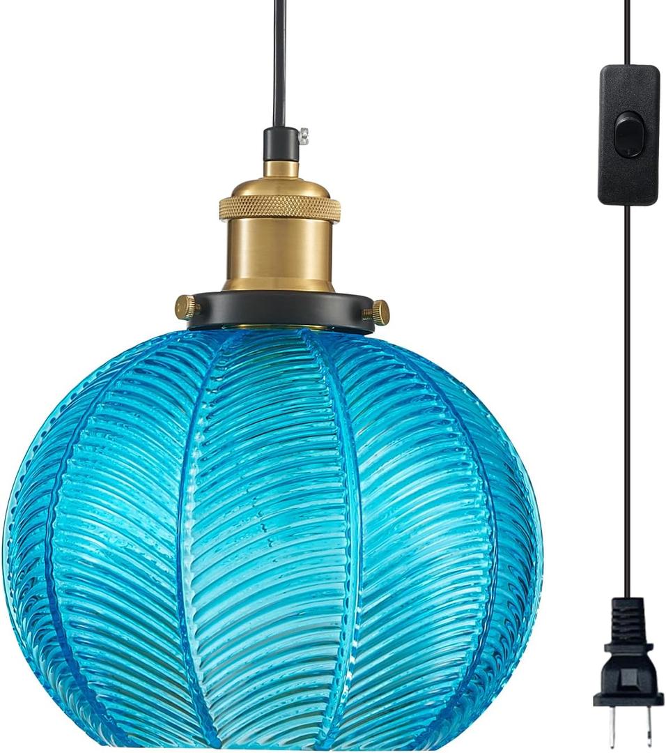 Blue Glass Plug-in Pendant Light, Farmhouse Hanging Lights with in Cord Globe Glass Hanging Lamp with a Switch Wire for Dining Room Bedroom Kitchen Island E26