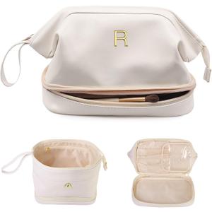 Birthday Gifts for Women, Initial Makeup Bags for Teens Girls, Double Layer Cosmetic Bag with Makeup Brush Organizer, Travel Toiletry Bag, Maid of Honor Gifts-Travel Gift For Female