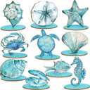 10 Pcs Ocean Wood Table Sign Under the Sea Wooden Tabletop Decor Sea Animal Coastal Beach Table Centerpiece Nautical Block Summer Decoration for Home Party Supplies (Classic Style)