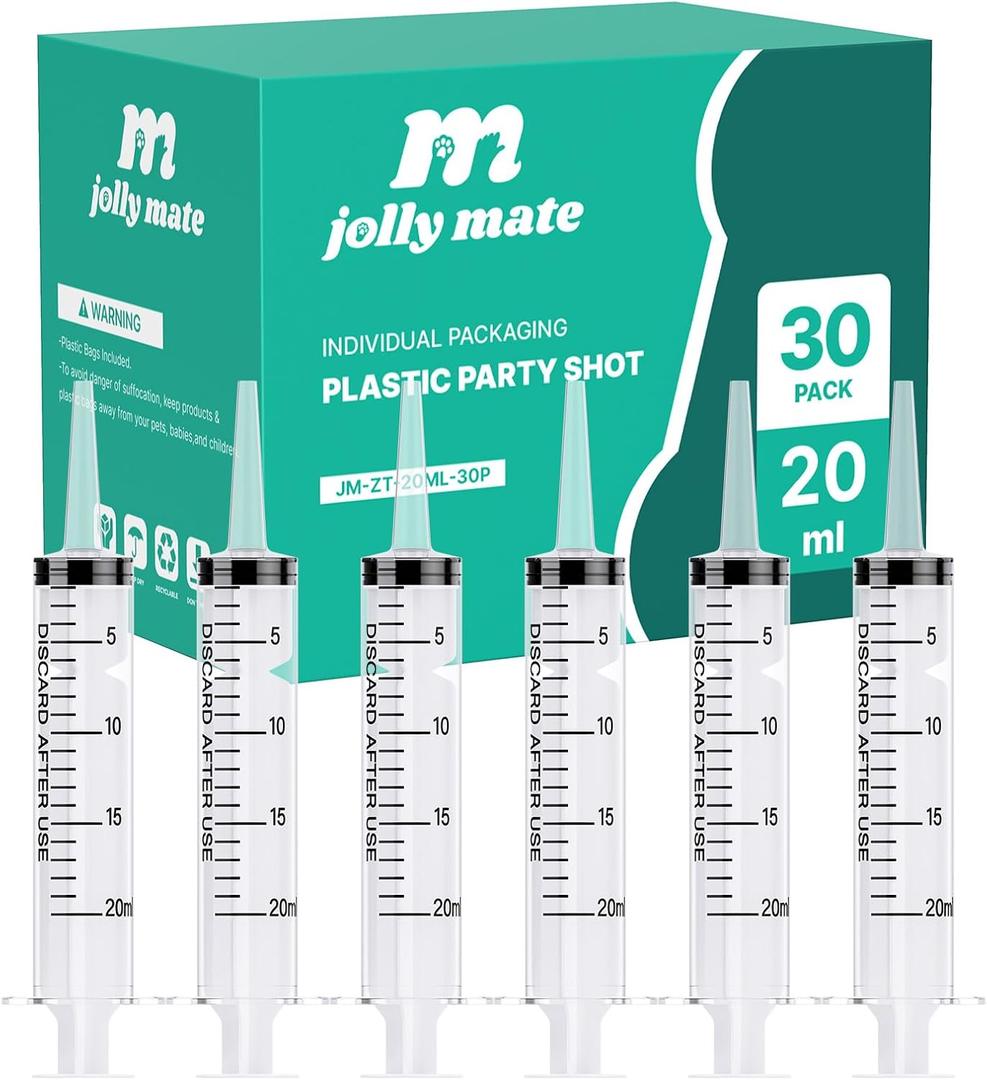 JollyMate 30 Pack 20ml Oral Syringe for Liquids, 20cc Oral Syringes without Needle with Cap Individually Wrapped for Pet Feeding, Scientific Labs, Measuring Liquids, Oil & Glue Dispenser