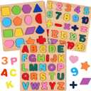 Attmu Wooden Puzzles for Toddlers, 3 Pcs Alphabet Puzzle ABC Shape Number Puzzle, Learning Toys for Kids, Preschool Educational Activities Toddler Gift Toys for Girls Boys Christmas Valentines Easter (Multi)