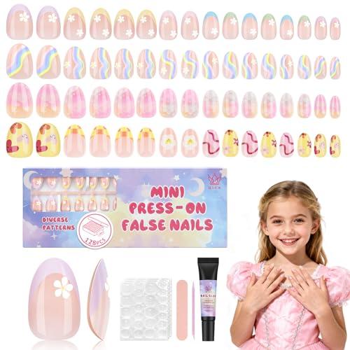 Qiek 16 Sizes 128 Pieces Press on Nails for Kids, 4 pack Kids Nail Kit Colorful Flower Almond Fake Nail Tips for Girls 8-12 Years Old with Jelly Nail Adhesives & Nail Glue Birthday Easter Gifts