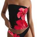 ZAFUL Women's Bandeau Tankini Swimsuit Asymmetrical Slit Bowknot String High Cut Fairyland Cheeky Bathing Suit(5-Flower-Black, M)