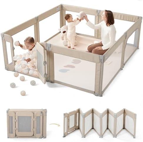 Sweeby Foldable Baby Playpen, 79x71 Playpens for Babies and Toddlers Large Play Yard with Door Baby Fence with Gate and Indoor & Outdoor Play Pen, Light Khaki