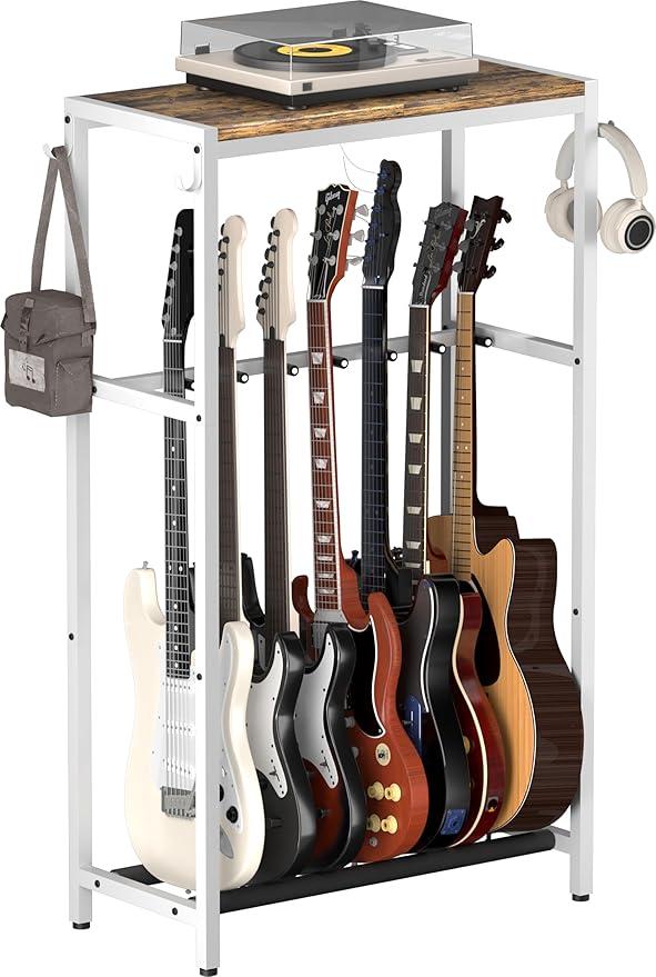 Guitar Stand, Multiple Guitar Rack Holder with Top Storage Shelf for Acoustic, Electric Guitar, Bass, Guitars Display Rack for 7 String Instruments, for Home, Stage, Studio Music Room, White
