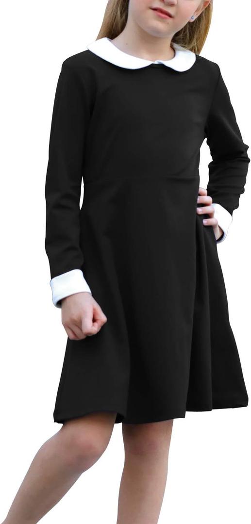 GORLYA Girl's Long Sleeve Casual Vintage Peter Pan Collar Fit and Flare Skater Party Dress with Pockets (GOR1006, 7-8Y, Black)