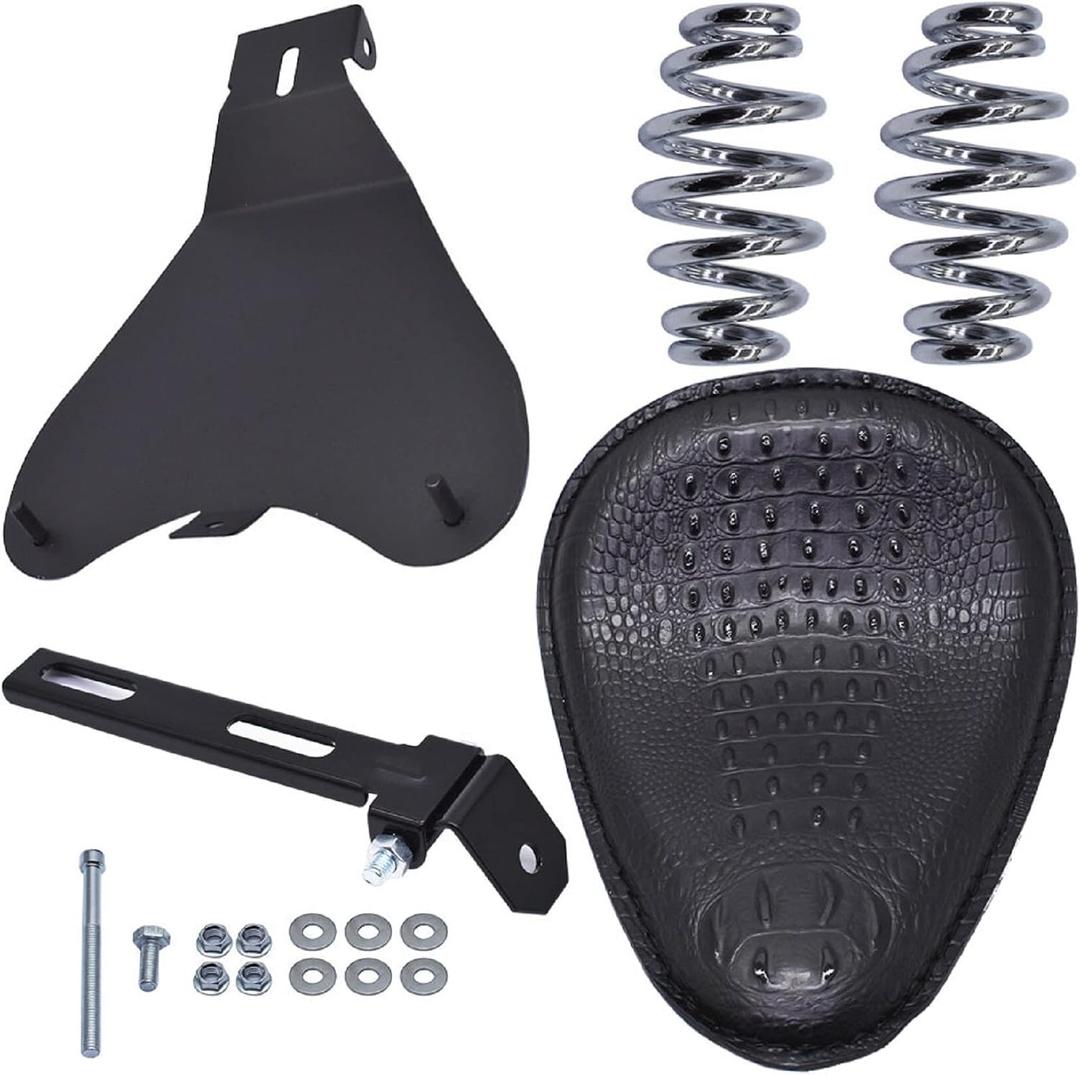 labwork Motorcycle Crocodile Style Leather Cushion Solo Seat with Cushion Base Plate Bracket Replacement for Chopper Bobber Dyna Sportster XL Dyna, Black