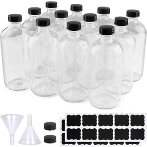 PINIWON 12 Pack 16 oz Clear Glass Bottles, Boston Round Sample Bottles with Black Poly Cone Caps, Labels and Funnels