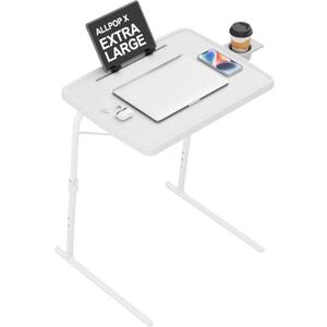 Allpop X TV Tray Table, TV Dinner Tray for Eating, Large Adjustable Folding Laptop Table with Book Stand, Cup Holder & Tablet Slot on Couch & Bed with 6 Heights & 3 Tilt Angles, White
