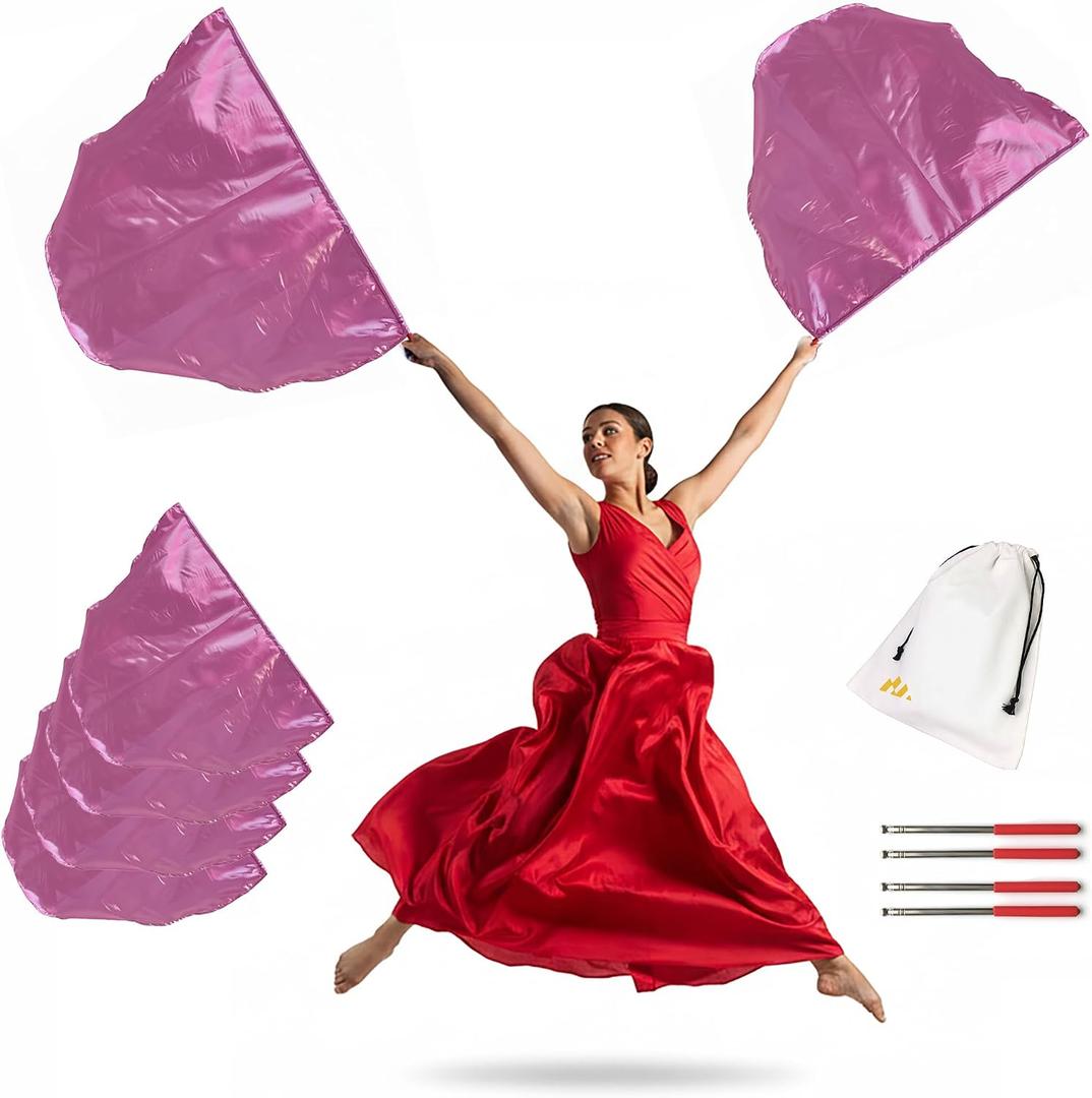 4PCS Half-Circle Worship Dance Flags with 4 Telescopic Poles, 39"x27" Lightweight Flow Flags with Storage Bag, Beginner-Friendly Practice Set for Church Events, Home Training & Stage Performances (Pink)