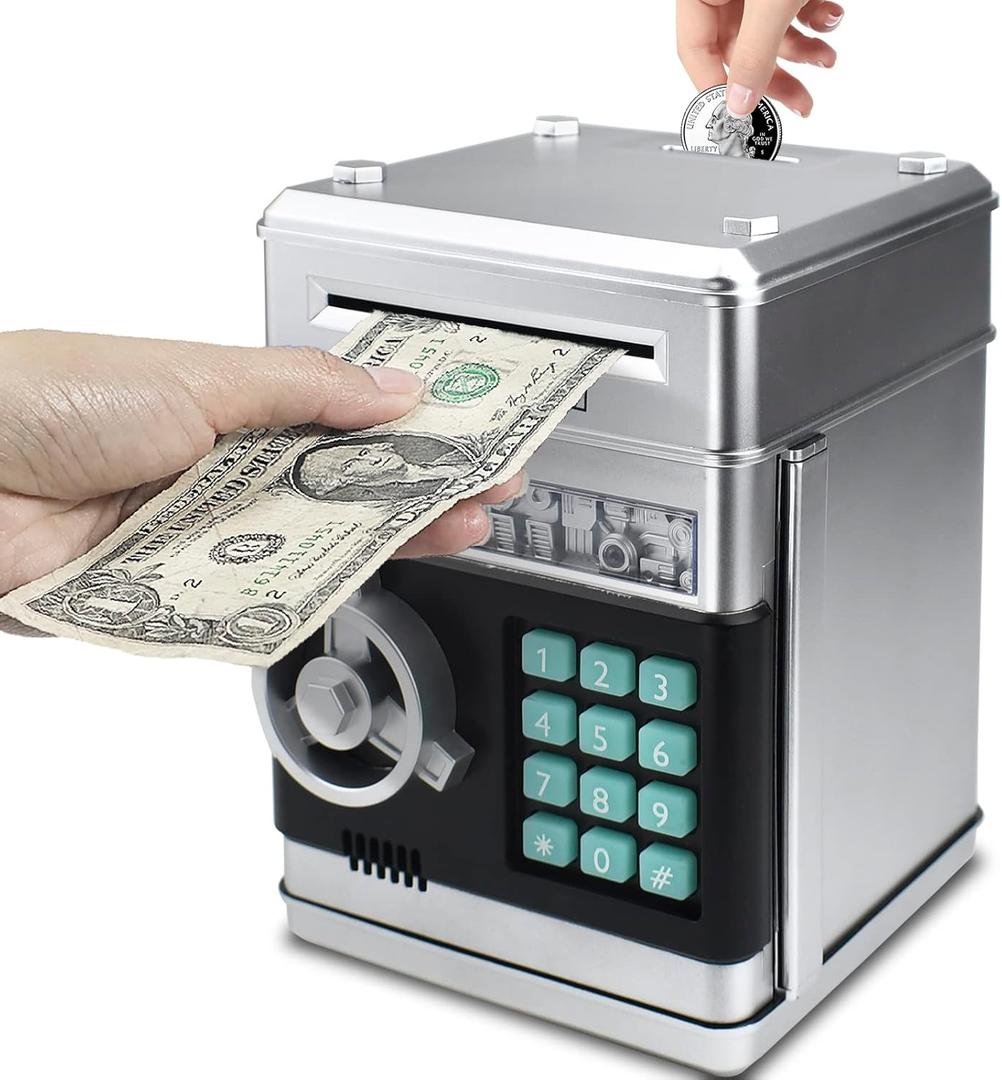 Mini ATM Piggy Bank ATM Machine Best Gift for Kids,Electronic Code Piggy Bank Money Counter Safe Box Coin Bank for Boys Girls Password Lock Case (Silver)