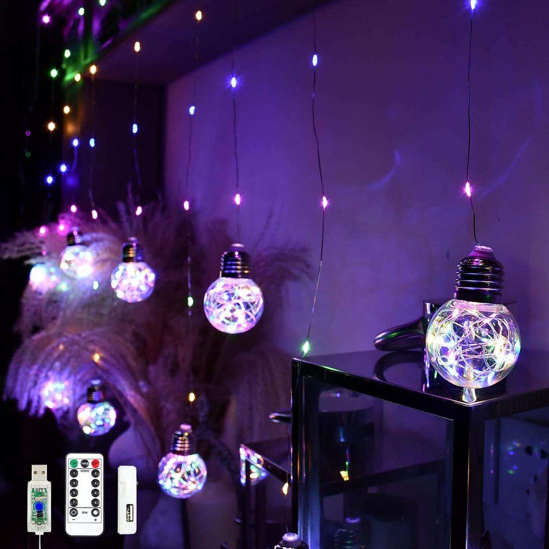 Wish Ball Curtain Lights 200 LED Window Fairy Light, USB/Battery Powered Twinkle Globe Curtain String Lights for Wedding Backdrop Room Dorm Party Christmas Decor (Multicolor)