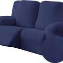 Genina Recliner Loveseat Covers, Stretch Reclining Sofa Covers, 2 Seater Couch Cushion Stripe Jacquard Recliner Slipcovers - Furniture Protector Covers for Pet Kid (Navy Blue) (48-64 in 2 Seater)