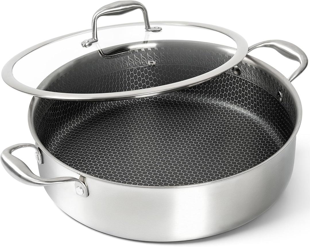 MICHELANGELO Tri-ply Stainless Steel Saute Pan 6 Quart, Deep Frying Pan with Lid, 18/10 Large Saute Pan with Nonstick Honeycomb Interior, Induction Compatible & Oven Safe - 12.5 Inch