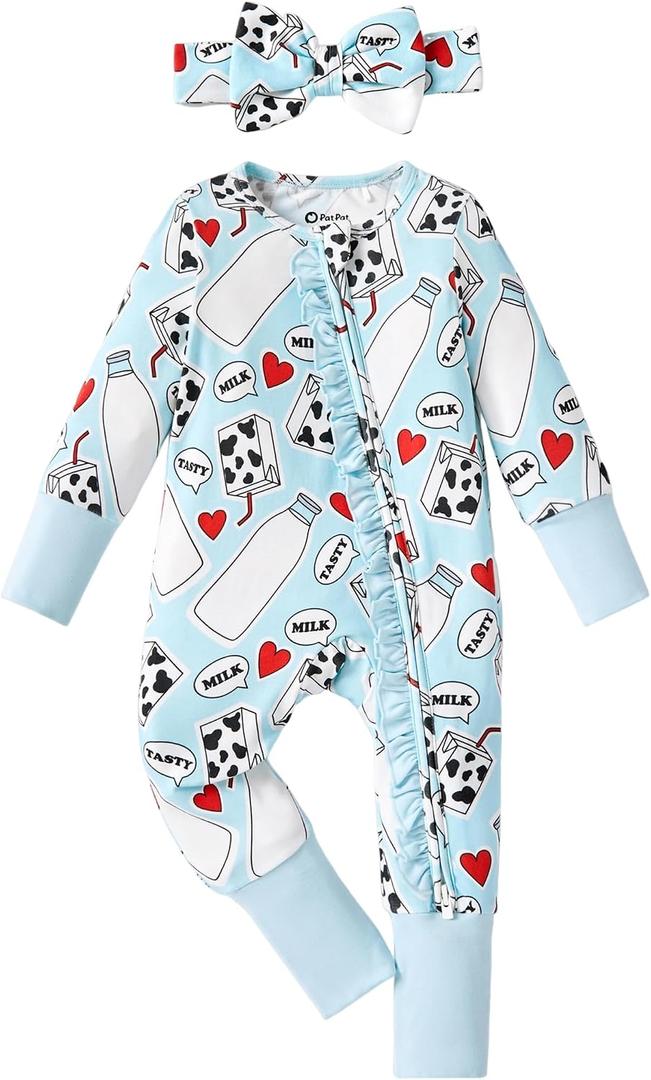 PATPAT Baby Girl Infant Clothes Footie – Soft Viscose from Bamboo, Stretch Feel – 2-Way Ruffled Zipper, Fold-Over Mittens & Cuffs Sweet Milks 18-24 Months