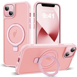 Compatible with iPhone 13 Case & iPhone 14 Case with Invisible Magnetic O-Ring Stand Translucent Phone Cases for 13 & 14 6.1" [Compatible with Mag-Safe][Great Grip Feeling], Pink