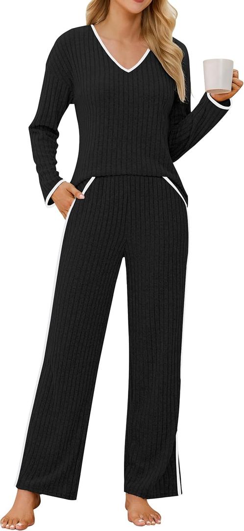 Blooming Jelly Womens Pajama Sets 2 Piece Lounge Set Pajamas Color Block V Neck Pjs Pj Sets 2026 (X-Large, Black)