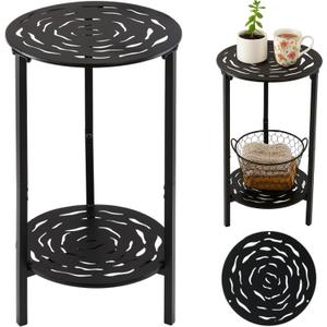 2-Tier Metal Round Side Table Black Accent Coffee Tables Small Space Corner Plant Stand Shelf for Indoor Outdoor Use Patio Balcony End Table Laser-Cut Floral Pattern Weather-Resistant, 23.5"H x 13"D