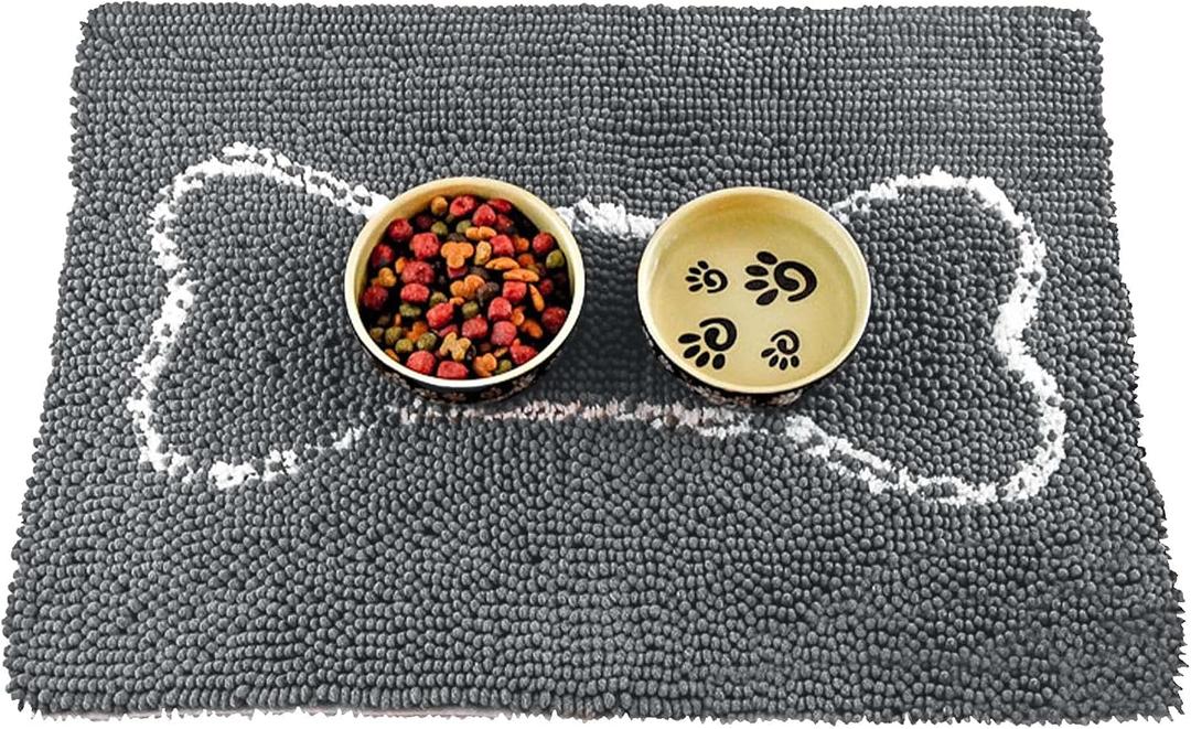 Soggy Doggy Slopmat Dog Food Mat Absorbent Microfiber Chenille Pet Feeding Mat for Food & Water Bowls, Muddy Paws Small Doormat, Non-Slip, Machine Washable Rug Gray/Light Gray Bone, 18 x 24