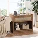 31" Wide Rattan Nightstand with Charging Station, End Side Table | Drawer & Open Shelf, Extra Large Night Stand, Farmhouse, Boho, Wood Bedside Table for Bedroom,Living Room,Office