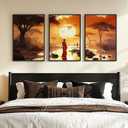 Framed Black Woman Wall Art Set of 3, African Natural Sunset Landscape Canvas Prints, Modern Orange Scenery Artwork for Walls, Warm Aesthetic Room Artwork for Living Room, Bedroom or Office Wall Decor, 16x24 In, 16"W x 24" H x 3Pcs