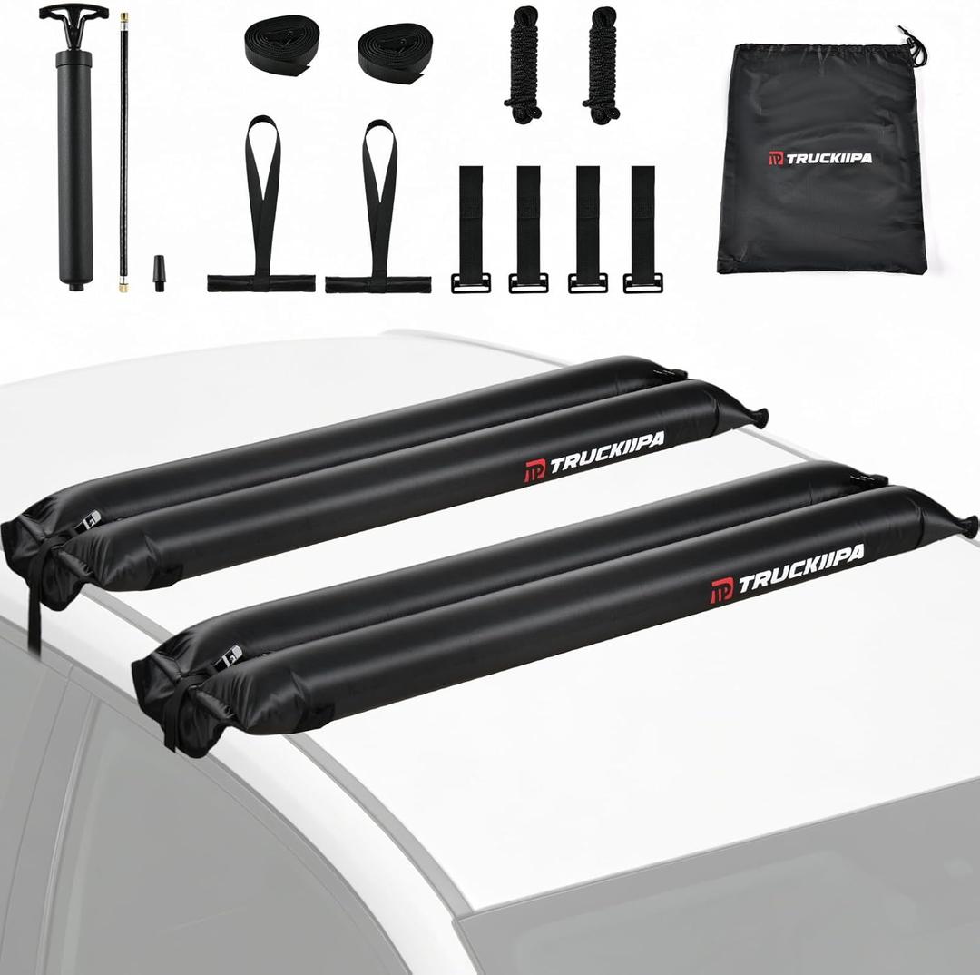 Truckiipa Universal Soft Roof Rack Pads2 Pcs Inflatable Roof Rack for Kayak Surfboard SUP Canoe,Reusable Heavy Duty Car Roof Racks System with Straps, Air Pump, Hood Loops and Storage Bag, 44inch