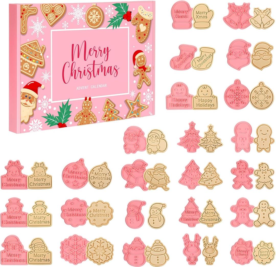 Christmas Baking Advent Calendar 2025, 24 Days Gingerbread Christmas Cookie Cutters Xmas Countdown Cookie Stamps Baking Tool Gift for Beginners Women Adult Family Couples Party Favors