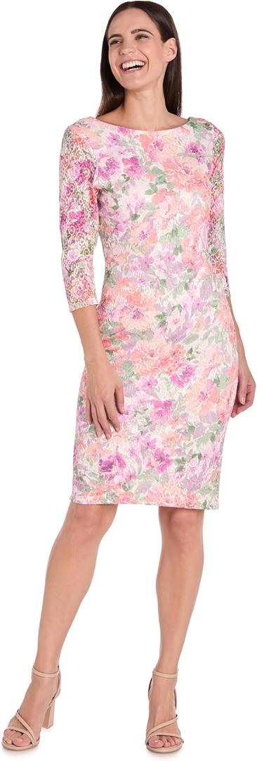 R&M Richards Women's Elegant Floral Lace Sheath Dress | 3/4 Sleeve Knee-Length U-Back Pencil Gown | Cocktail Party Attire 12P