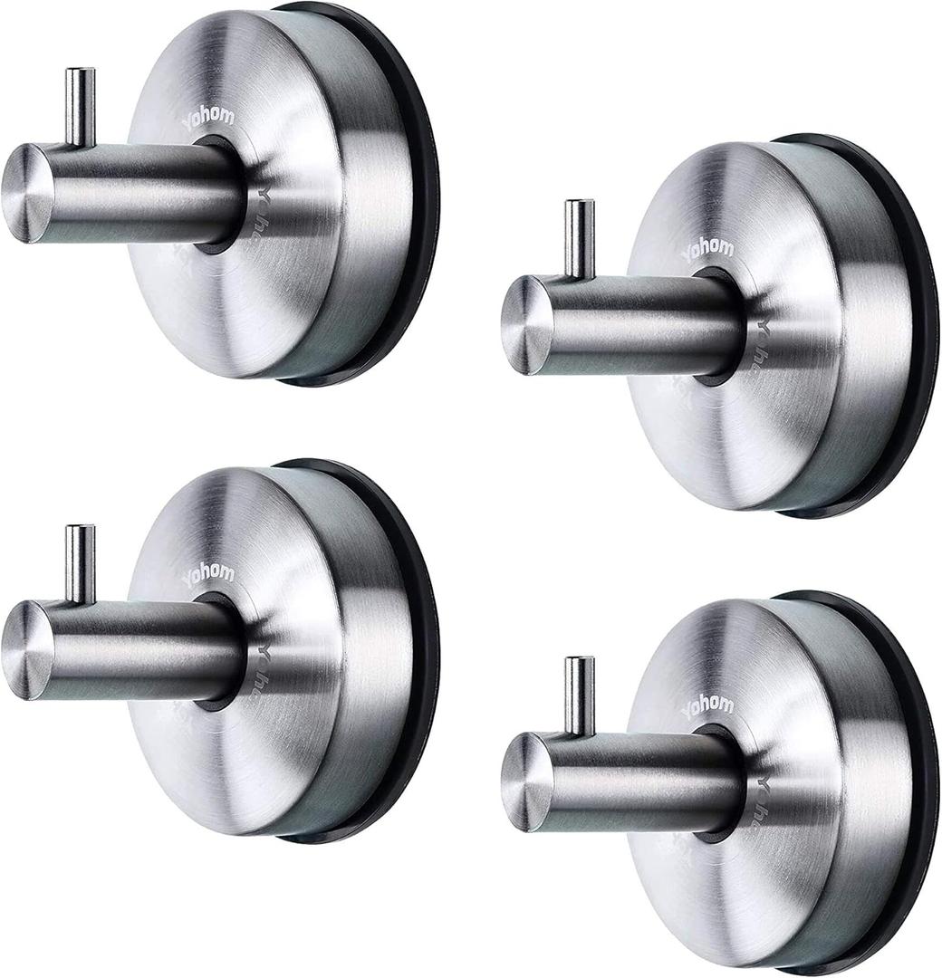 YOHOM Vacuum Suction Cup Hooks Shower Towel Holder Bathroom Shower Hook Brushed Stainless Steel Suction Towel Rack Kitchen Storage Organizer for Bathrobe Loofah Washcloth, 4Pcs