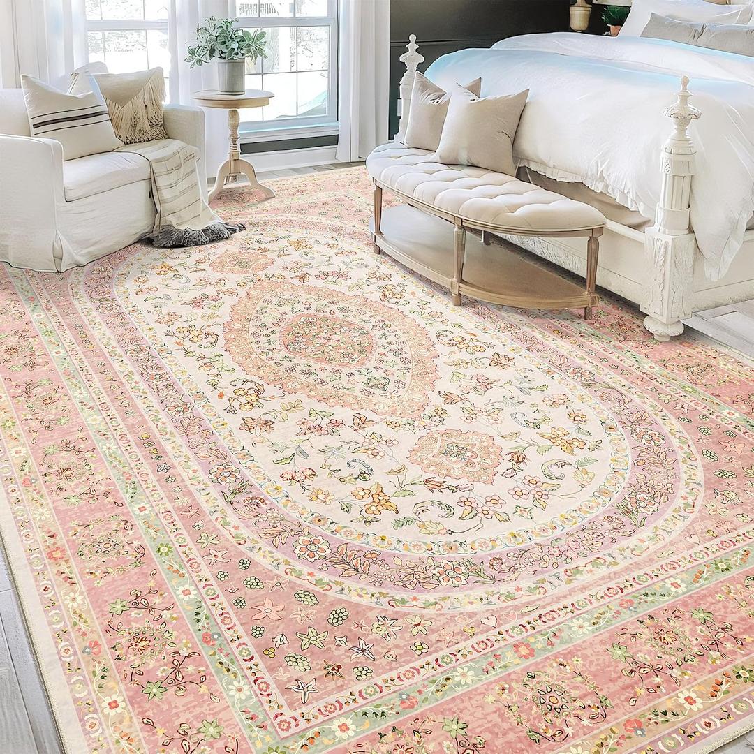 9x12 Area Rugs Washable,Pink Rug for Living Room Bedroom Dining Room,Large Boho Vintage Bohemian Distressed Farmhouse Carpet Non Slip,Blush Floral