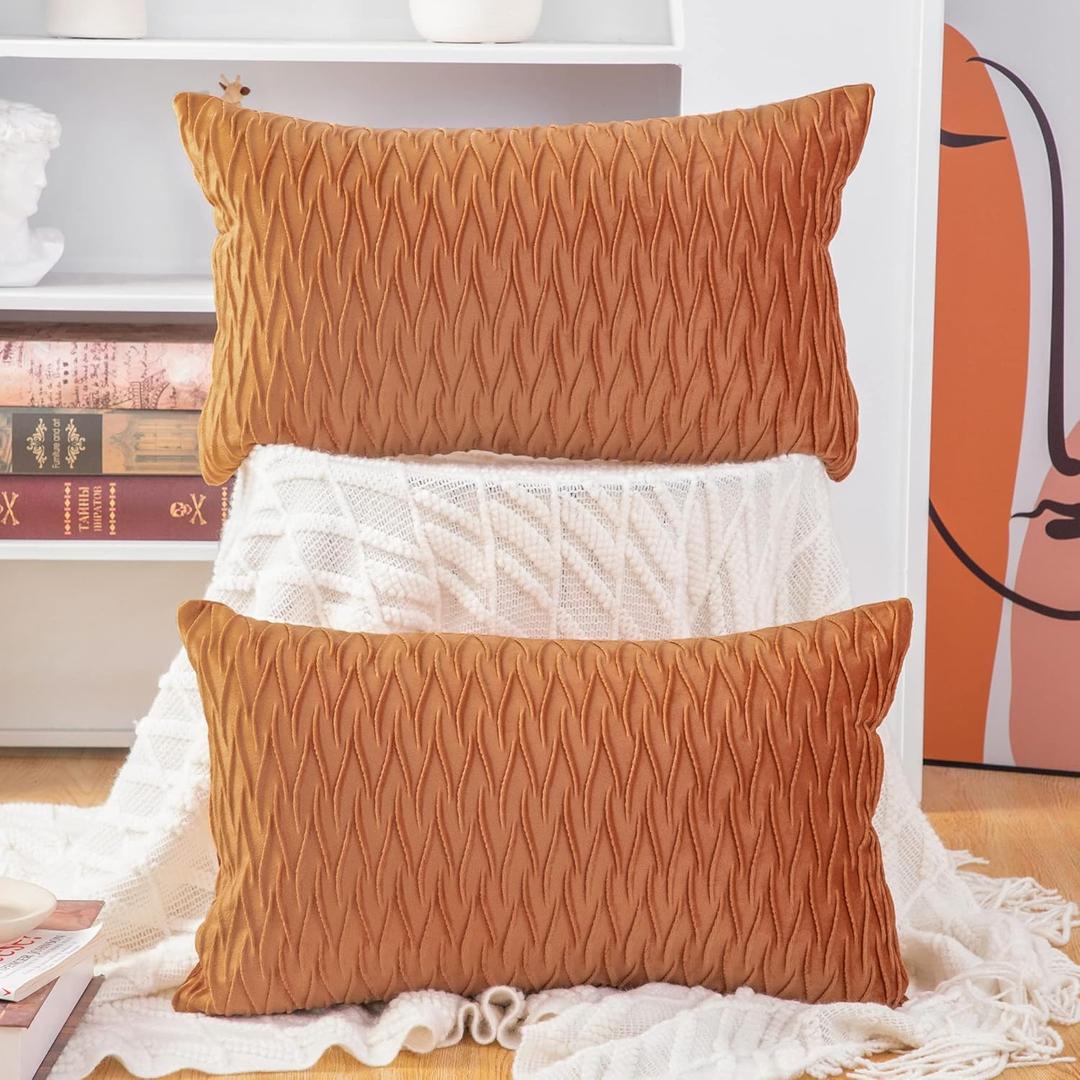 MADIZZ Set of 2 Super Soft Velvet Decorative Throw Pillow Covers 12x20 inch Orange Rectangular with Texture Luxury Style Cushion Case Pillow Shell for Sofa Bedroom (20" x 12" (Pack of 2))