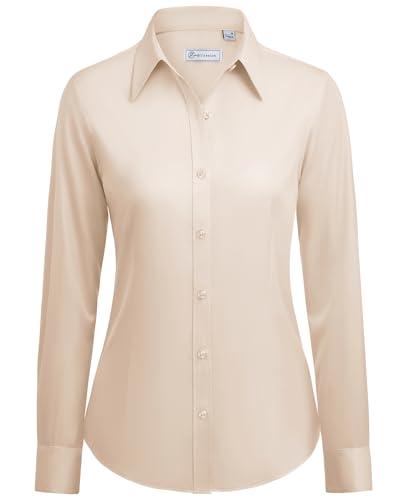 siliteelon Button Down Shirts for Women: Wrinkle Free Long Sleeve Classic Fit Collared Dress Shirt Solid Formal Office Beige 2XL