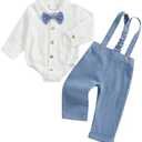 PUHHAPIEY Infant Baby Boys Gentleman Outfits Long Sleeve Bowtie Romper+Suspender Overalls Pants Set Wedding Set Formal Size 3-6M
