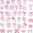 Kingsow Pink Bow Letter Patches: 68PCS Pink Coquette Bowcore Girly Aesthetic Iron-On Patches - Cute Ribbon Bows Embroidery Patches for Backpacks Clothing Hats Jackets Decor