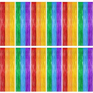 12 Pack Rainbow Backdrop, 3.28 FT x 7.05 FT Pride Decorations, Metallic Fringe Curtains Party Streamer Tinsel Backdrop, Rainbow Foil Curtains Birthday Party Decor Photo Booth Props