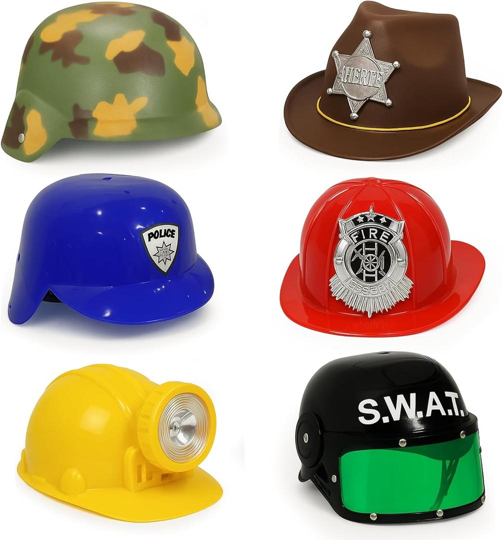 Liberty Imports 6 PACK - Dress Up Pretend Career Role Play Hard Hats & Helmets for Little Kids - Halloween Costume Role Play Toddler Dressup Set (Police, Fireman, Construction, SWAT, Cowboy, Army)