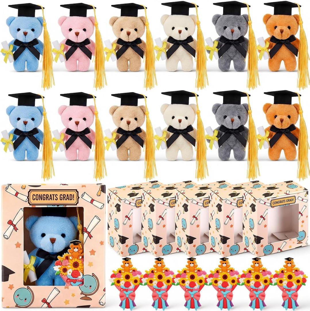 Roowest 12 Set Graduation Mini Stuffed Animals with Gifts Box Bouquet, Small Plush Animal Bear Toy Keychain Gift Set for 2026 Kindergarten Preschool Graduations Party Classroom Exchange Gift (Bear)